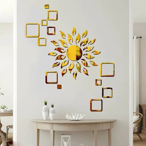 wall1ders 60 cm Sun Golden With 12 Square Golden Self Adhesive Sticker