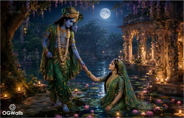 OGWalls 71 cm Radha Krishna Divine Night Vinyl Wall Poster For Wall Sticker Vinyl Self Adhesive Sticker