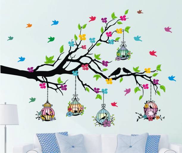 Heaven Decors 127 cm Colorful Birdcage On Tree Branches - Flower- Sticker ( ideal size - Large ) Self Adhesive Sticker