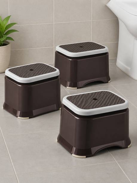 HOMESTIC Pack of 3 Anti-Slip Bathroom Stool for Bathing | Check Ultra 10- Brown Stool