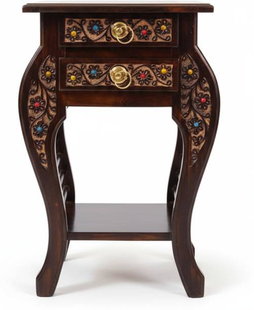 Doon Furniture House Wooden Stool with 2 Drawers | Natural Mango Wood Antique Side Table for Living & Bedroom Stool