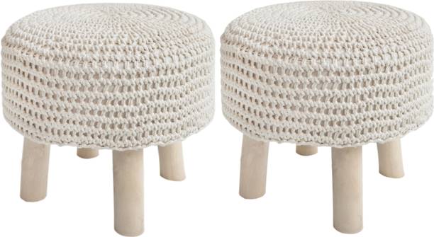 SARASWATI HANDICRAFT Macrame Hand Knitted Twisted Rope & Pine Wood Sitting Ottoman, Pouf For Living & Bedroom Stool