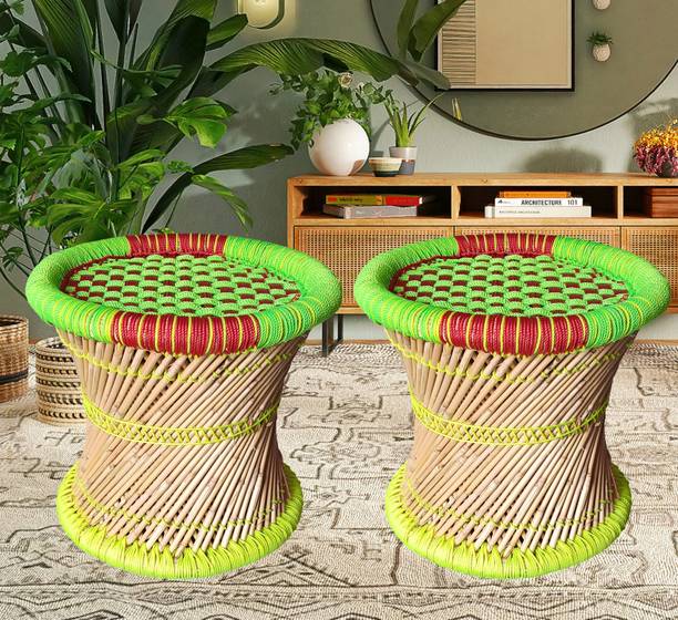 LV Handmade Handmade and Natural Bamboo Mudda Stool With Multicolor - 15X15 Inch- set of-2 Outdoor & Cafeteria Stool