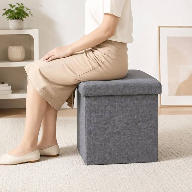 AKOOPAR GLOBAL Foldable Storage Ottoman Stool | Cushioned Seat | Linen Fabric Organizer Bathroom Stool