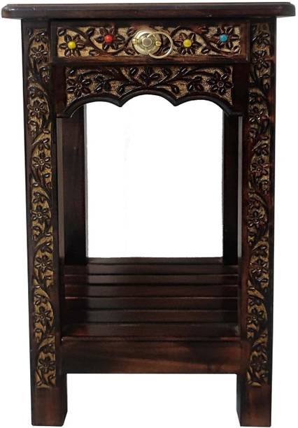 NICE CRAFTS Wooden Side Table, Hand Carved Rustic End Table Dark Brown Living & Bedroom Stool