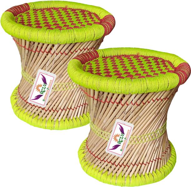 LV Handmade Handmade and Natural Bamboo Mudda Stool With Multicolor - 15X15 Inch- set of-2 Outdoor & Cafeteria Stool