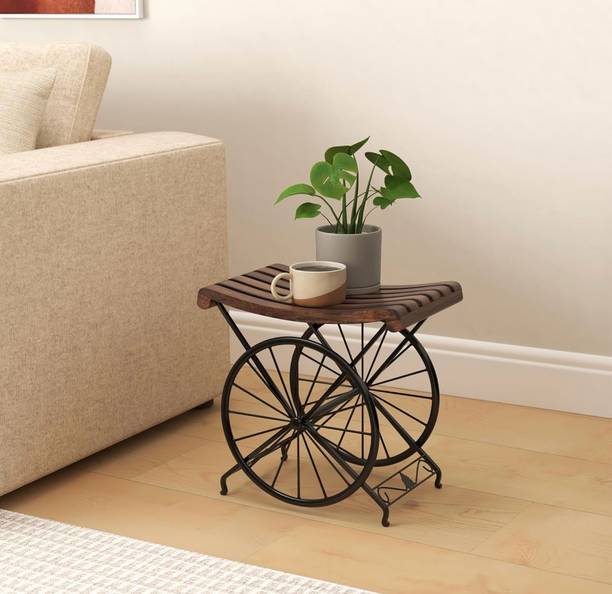 ICcrafts Vintage Bicycle Wheel Side Table, Wooden Slatted Top with Metal Base Outdoor & Cafeteria Stool
