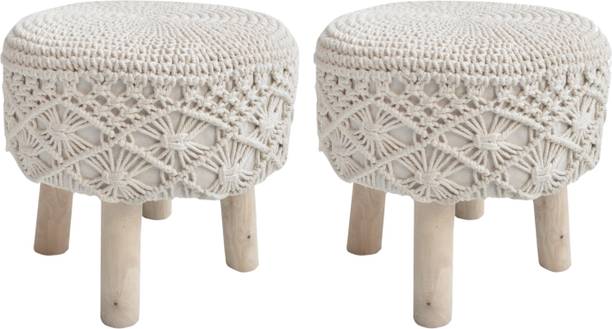 SARASWATI HANDICRAFT Macrame Hand Knitted Wooden Puffy Sitting Ottoman With Unique Look Living & Bedroom Stool