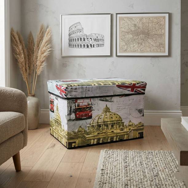 Storia Vintage London Themed Foldable Storage Box | Multi-Purpose Collapsible Organizer Stool