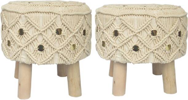 SARASWATI HANDICRAFT set of 02 Pcs Macrame Round Stool with Golden Sequence, Footrest, Footstool For Living & Bedroom Stool