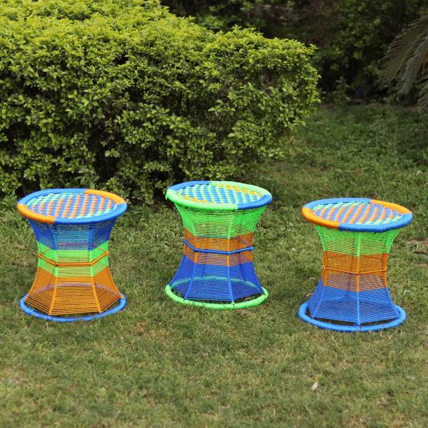 FurniGully Set of 3 Free Size Metal & Thread Fancy Outdoor & Cafeteria Stool