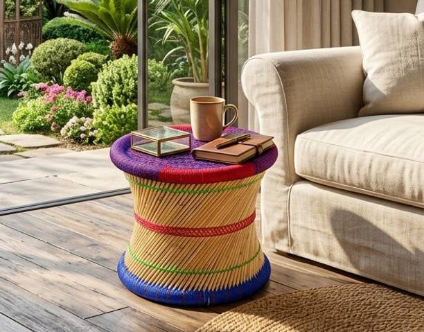 Bhavishya Bamboo Mudda Stool, Chair For Living Room Round Shape Wooden Stool For Garden Outdoor & Cafeteria Stool