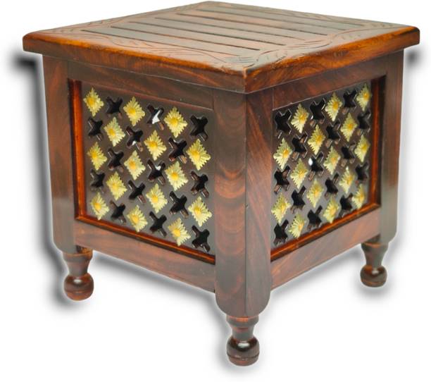 manzees Premium Brass Cutting Wooden Storage Stool, Living Room Stool, Step Stool Stool