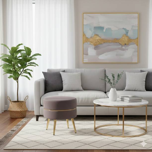 CROWN ART SHOPPEE Round Velvet Storage Ottoman Footrest Living & Bedroom Stool