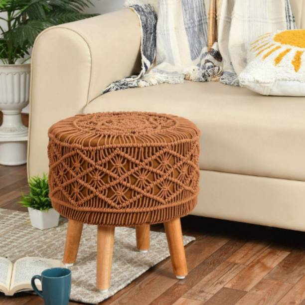 KARIKRAFT Handcrafted Macrame Round Stool with Solid Wooden Legs Living & Bedroom Stool