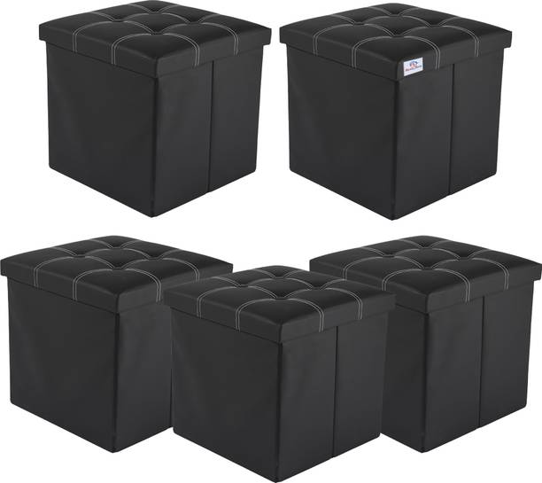 Heart Home Pack of 5 Foldable Storage Stool For Living Room & Home | LJ-21-BLK | Black Living & Bedroom Stool