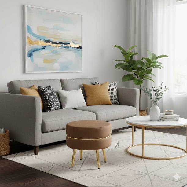 CROWN ART SHOPPEE Round Velvet Storage Ottoman Footrest Living & Bedroom Stool