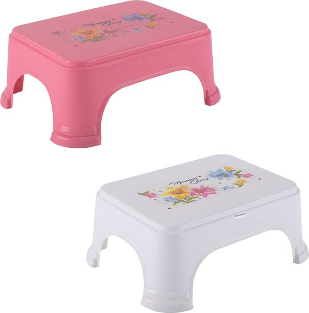 HOMESTIC Pack of 2 Bathroom Stool for Bathing for Home | Square Printed- Pink & White Stool