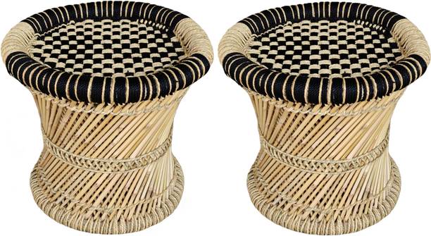 KISMAT COLLECTION Handmade and Natural Bamboo Mudda Stool With Black Beige -15X15 Inch Pack-2 Outdoor & Cafeteria Stool