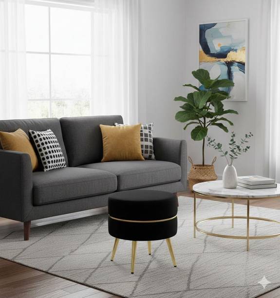CROWN ART SHOPPEE Round Velvet Storage Ottoman Footrest Living & Bedroom Stool