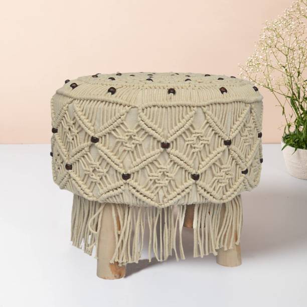 SARASWATI HANDICRAFT Macrame Handknitted 100% Cotton Modern Design Round Fringe with Wooden Beads For Living & Bedroom Stool