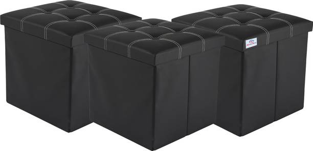 Heart Home Pack of 3 Foldable Storage Stool For Living Room & Home | LJ-21-BLK | Black Living & Bedroom Stool