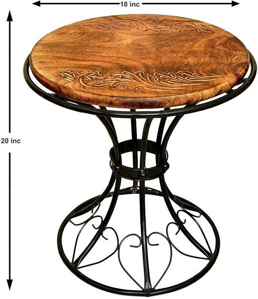 MARYAM WOOD HANDICRAFT Rustic Round Wooden & Wrought Iron Accent Table Stool