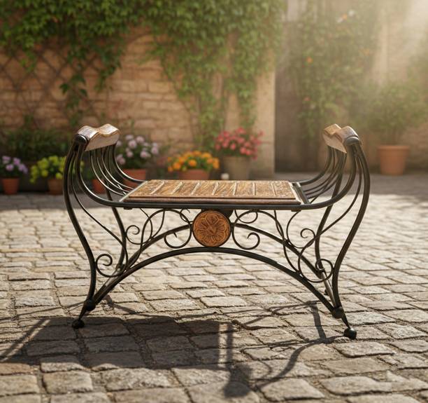 art export Wooden & Wrought Iron Patio Bench for Room/Lounge Furniture/Balcony/Office Living & Bedroom Stool