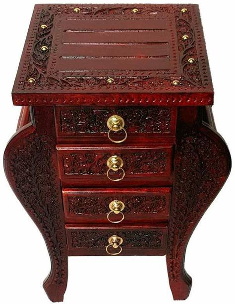 Smarts collection Floral Carved Handmade Bedside Table with 4 Drawers Home Decor Solid Wood Corner Table