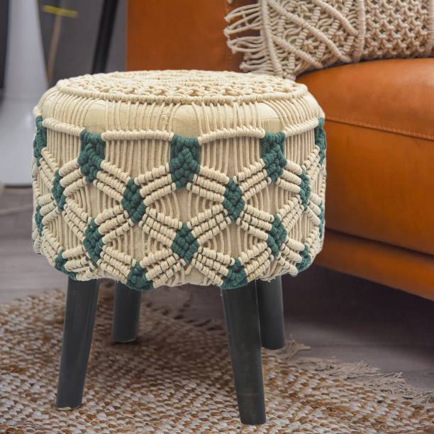 Macrame World Handknitted Macrame Sitting Ottoman , Cushioned Pouffee For, Indoor, Living & Bedroom Stool