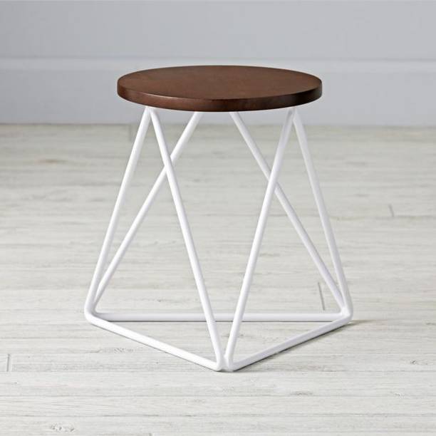 JPIRONS Round Wooden Top Side Table with White Geometric Metal Base Living & Bedroom Stool