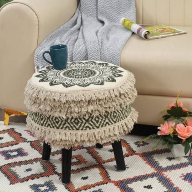 KARIKRAFT Printed Woven Round Stool with Solid Wooden Legs Living & Bedroom Stool