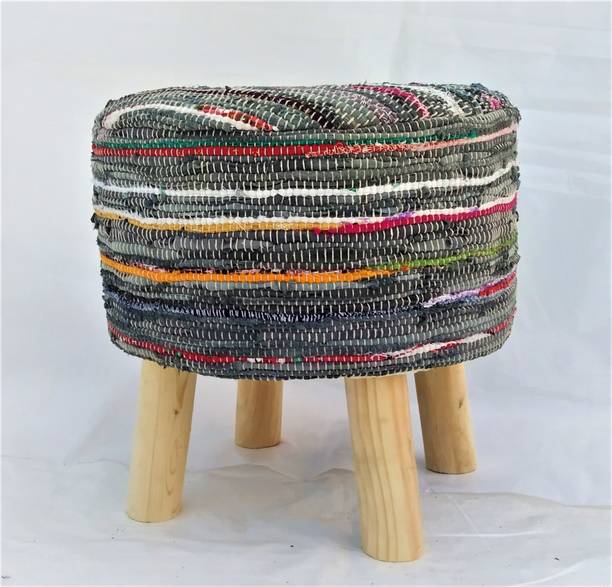 Macrame World Pack Of 02 Pcs Handloom Cotton & Leather Puffy Ottoman, Pouf, Footstool For Living & Bedroom Stool
