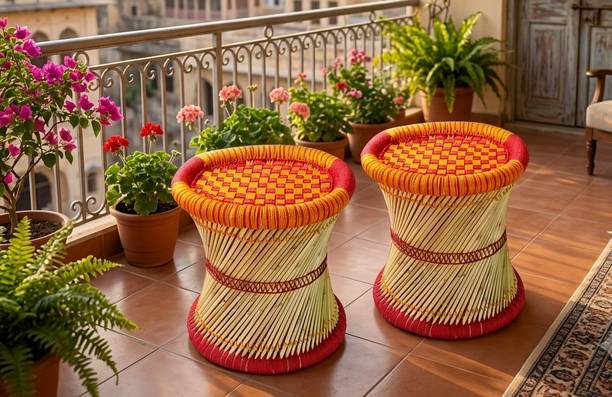 KISMAT COLLECTION Bamboo Mudda Stool, Chair For Living Room Round Shape Wooden Stool For Garden Outdoor & Cafeteria Stool