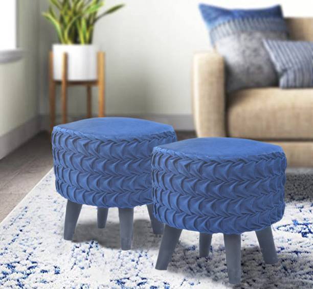 Macrame World Pack Of 02 Handknitted Blue Velvet Smoking Sitting Pouf, Ottoman For Indoor Living & Bedroom Stool
