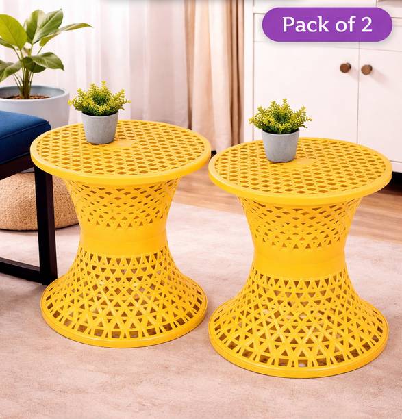 KUBER INDUSTRIES Plastic Mesh Damroo Seating Stool|Both Sided Stool for Guestroom|Packof 2|Yellow Stool