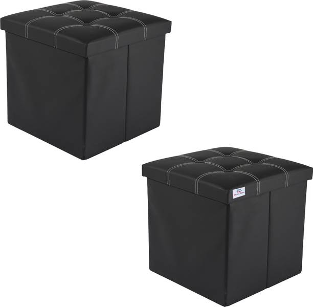 Heart Home Pack of 2 Foldable Storage Stool For Living Room & Home | LJ-21-BLK | Black Living & Bedroom Stool