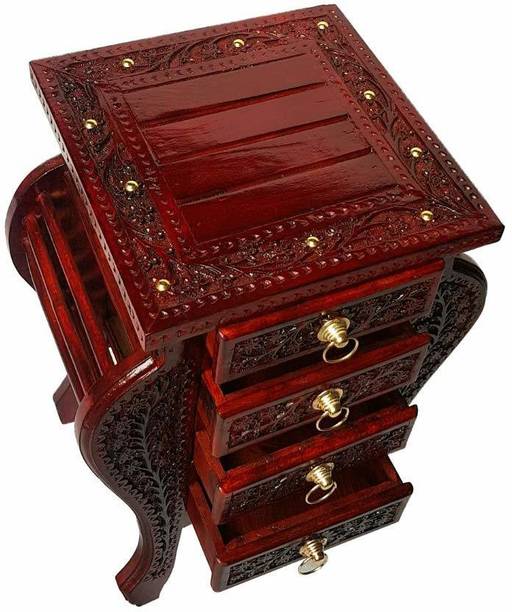Smarts collection Floral Carved Handmade Bedside Table with 4 Drawers Home Decor Solid Wood Corner Table