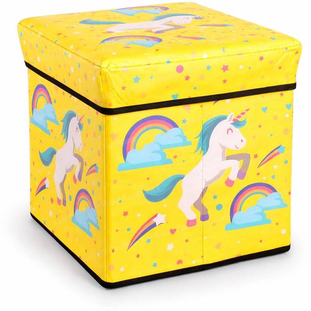 Storia Basket for Sitting Storage Box for Toys of Kids Unicorn Yellow Design Foldable Living & Bedroom Stool