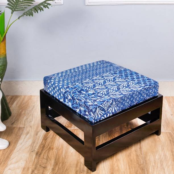 Ikiriya Sheesham Wood Foot Stool with Indigo Patchwork Kantha Cushion; Dark Brown Finish Living & Bedroom Stool