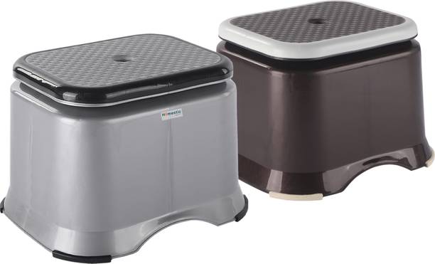 HOMESTIC Pack of 2 Anti-Slip Bathroom Stool for Bathing | Check Ultra 10- Grey & Brown Stool