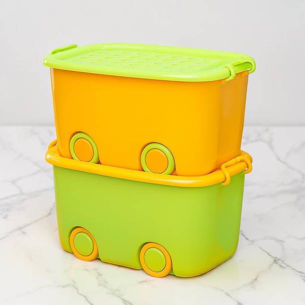 WHITE PONY Plastic Kids Toy Storage Organizer Box with Lid Wheels Stackable Multicolor Storage Basket