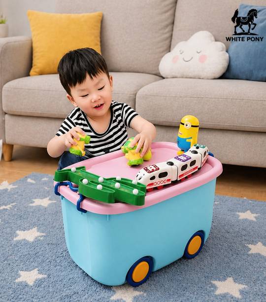 WHITE PONY Plastic Toy Storage Box for Kids with Wheels Lid Stackable Multi Colour Storage Basket