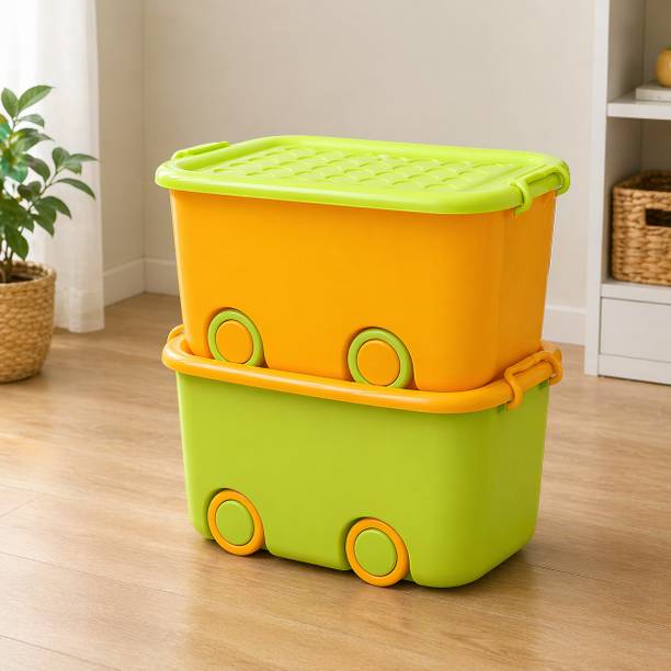 WHITE PONY Plastic Multi Colour Kids Toy Box with Wheels Lid Stackable Storage Organizer Storage Basket