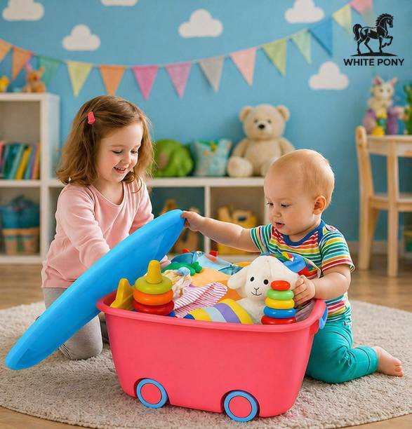 WHITE PONY Plastic Kids Storage Organizer Box with Wheels Lid Toy Box Multicolor Storage Basket
