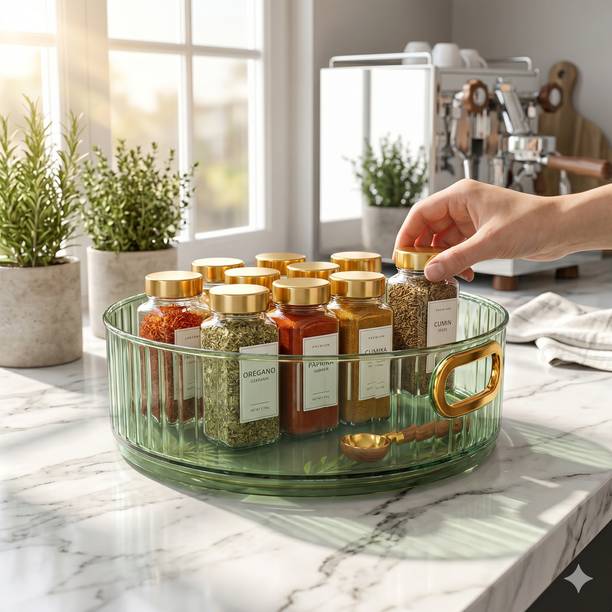 TRSTELLO Plastic 60 Degree Rotating Spice Rack, Green Acrylic Kitchen Organizer Tray Storage Basket