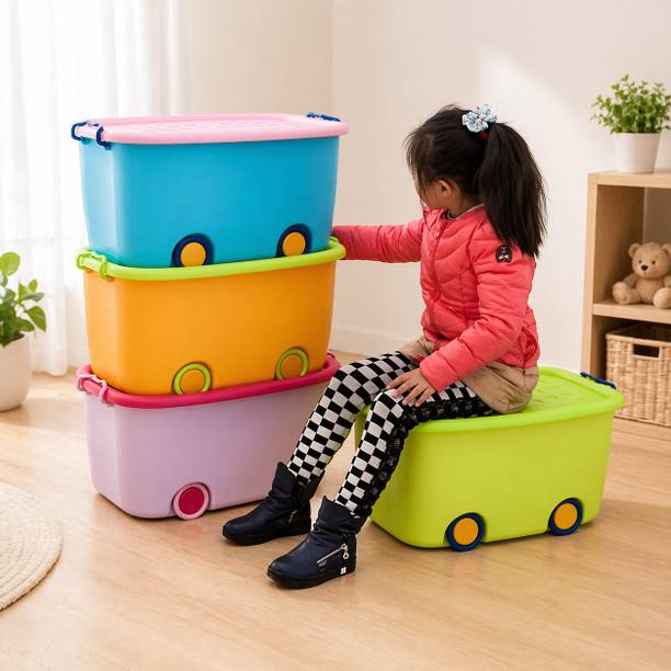 WHITE PONY Plastic Kids Toy Box with Wheels Lid Stackable Storage Organizer Multicolor Storage Basket