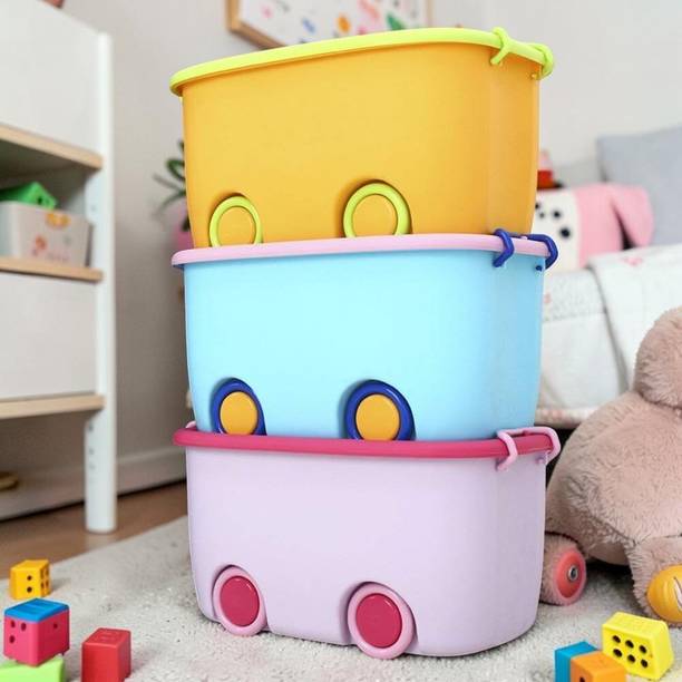 WHITE PONY Plastic Toy Storage Organizer for Kids with Wheels Lid Stackable Box Storage Basket