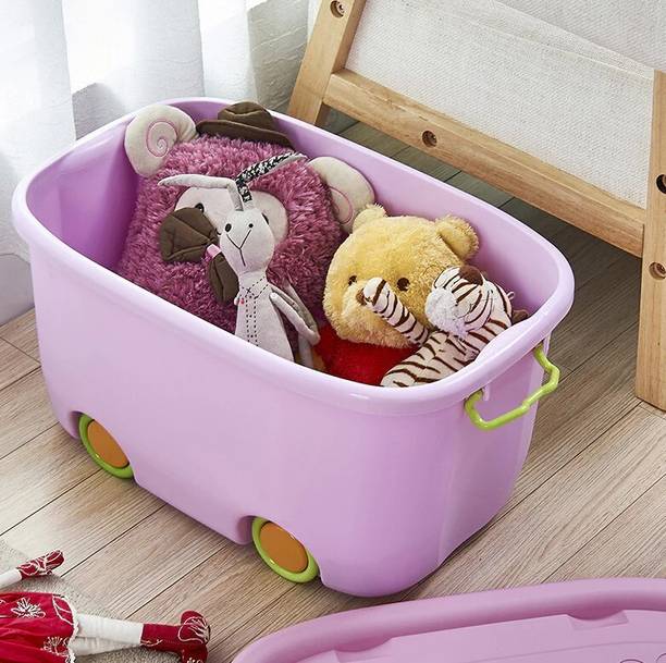 VishwasPoly Plastic Multi Colour Kids Toy Box 25L with Lid Wheels Easy Stackable Storage Storage Basket