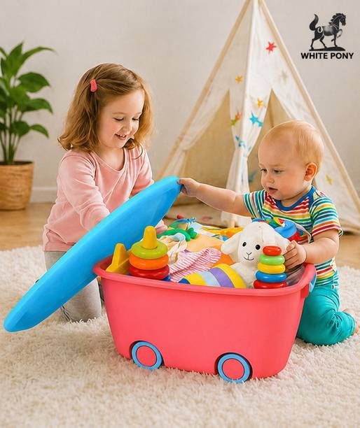 WHITE PONY Plastic Kids Toy Storage Box with Wheels & Lid Stackable Organizer Multicolor Storage Basket